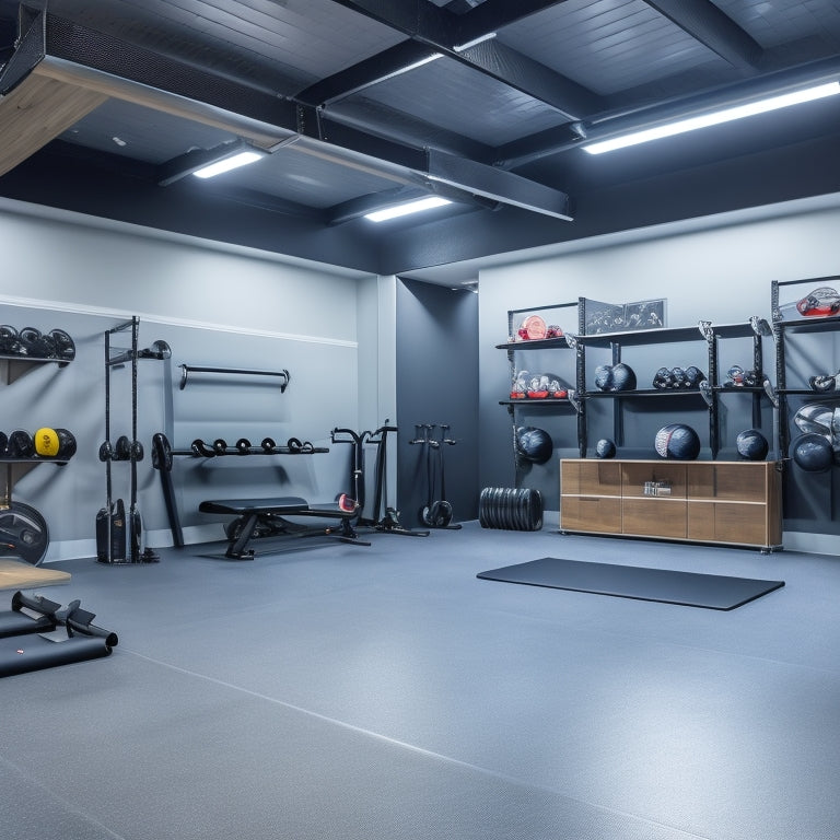 A well-lit, modern garage with a sleek, grey epoxy floor, featuring a organized home gym area with a wall-mounted pull-up bar, a set of neatly arranged dumbbells, and a folding exercise bench.