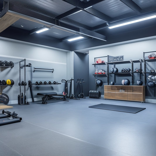 A well-lit, modern garage with a sleek, grey epoxy floor, featuring a organized home gym area with a wall-mounted pull-up bar, a set of neatly arranged dumbbells, and a folding exercise bench.