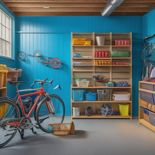 A clutter-free garage interior with a slatted wall paneling system, colorful bins, and a mix of open and closed shelving units, with a few bicycles and tools organized in the background.