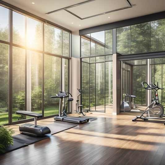 A bright, modern home gym with mirrored walls, polished wood floors, and sleek, high-tech exercise equipment, surrounded by lush greenery and natural light pouring in through large windows.