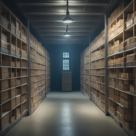 A dimly lit archive room with rows of shelves, containing stacks of neatly organized sublimation print boxes, wrapped in acid-free paper and stored in airtight containers, with a soft, warm light.