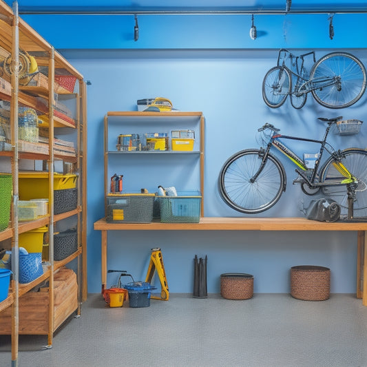A clutter-free garage with neatly organized tools and accessories on pegboards, bins, and shelves, surrounded by a sleek epoxy-coated floor and a few bicycles suspended from the ceiling.