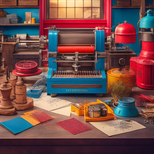 A colorful, stylized illustration of a bustling letterpress studio in Atlanta, featuring vintage presses, rolls of bright paper, and scattered metal type pieces, set against a warm, industrial-chic background.