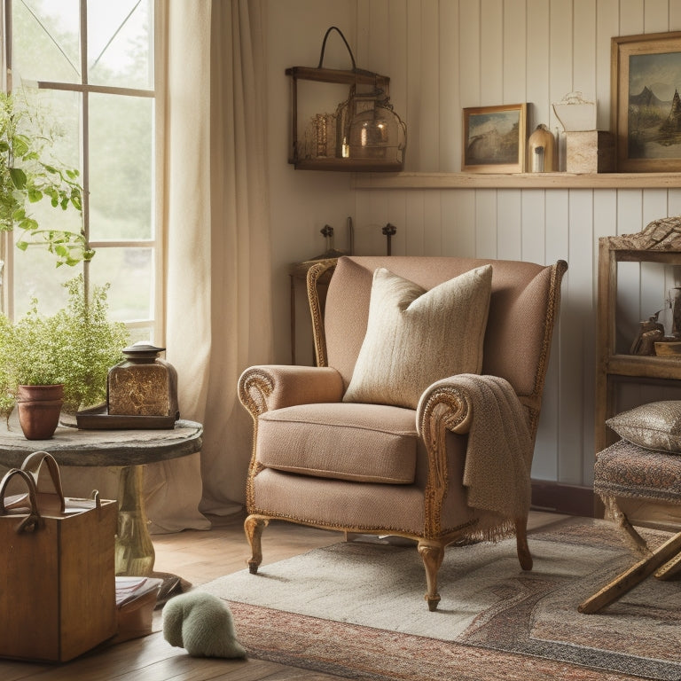 A warm, inviting living room with a refurbished vintage armchair, a repurposed wooden crate coffee table, and a few carefully selected sentimental trinkets amidst a backdrop of soft, creamy walls and natural light.