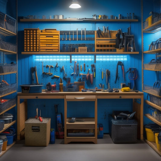 A brightly lit, organized tool space with a pegboard, metal shelves, and a workbench, featuring a variety of tools and storage containers, including baskets, bins, and hooks.