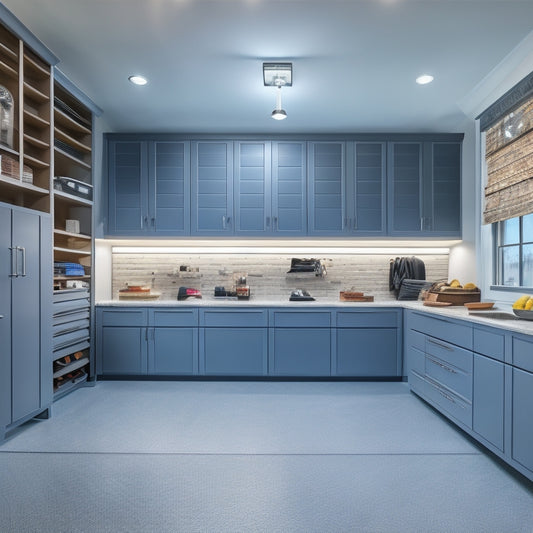A well-organized garage with sleek, floor-to-ceiling custom cabinets in a modern gray finish, featuring pull-out drawers, adjustable shelving, and a slatwall with hooks and bins, illuminated by a single overhead LED light.