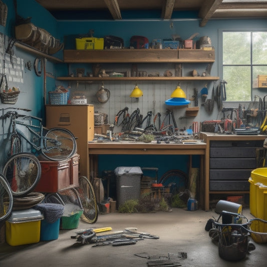 A cluttered garage with tools scattered on the floor, bicycles and boxes stacked haphazardly, and a workbench buried under piles of miscellaneous items, transitioning into a tidy space with organized bins and a clear floor.
