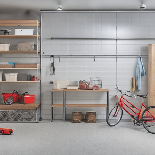 A well-lit, clutter-free garage with sleek metal shelving, labeled bins, and a pegboard with hung tools, bicycles, and accessories, surrounded by a polished concrete floor and white walls.