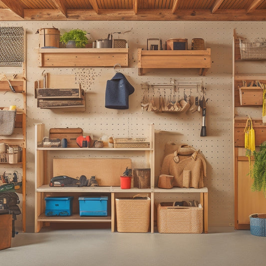 A clutter-free garage interior with a slotted wall organizer, stacked wooden crates, and a pegboard with hanging tools, set against a warm beige background with natural wood accents.