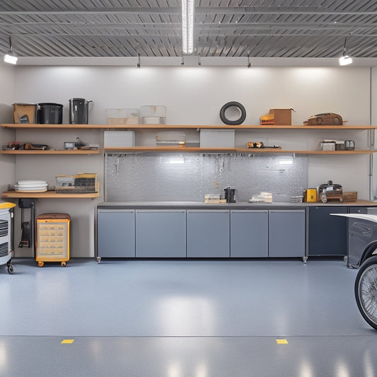 A clutter-free garage with a sleek, gray epoxy floor, organized pegboard, and stainless steel cabinets, featuring a few strategically placed tools, a parked car, and plenty of natural light.