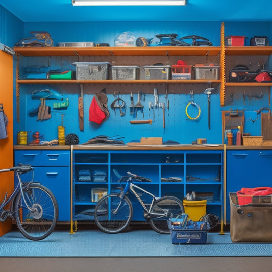 A well-organized garage with a slatwall, pegboard, and sleek metal cabinets, featuring a parked car, a few bicycles, and a workbench with a toolbox and a few scattered tools.