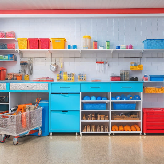 A well-organized garage with a sleek, silver workbench, surrounded by colorful bins and baskets, featuring a Cricut machine and vinyl rolls in the center, with a few perfectly cut vinyl designs on the wall.