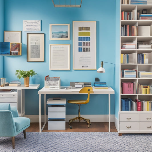 A tidy, modern workspace with a desk, chair, and floor-to-ceiling shelves, featuring a collection of colorful files, folders, and storage bins, with a few scattered yet organized papers and a single, elegant pen.