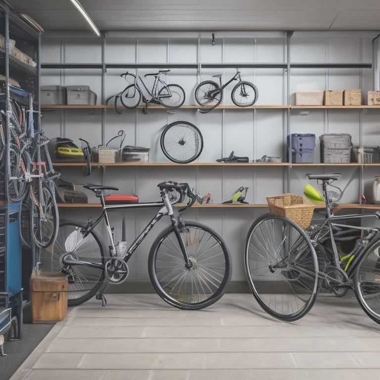 A well-organized garage with a custom shelving system, featuring multiple bicycles of various sizes and styles, with hooks for helmets and baskets, and a few cycling accessories neatly arranged nearby.