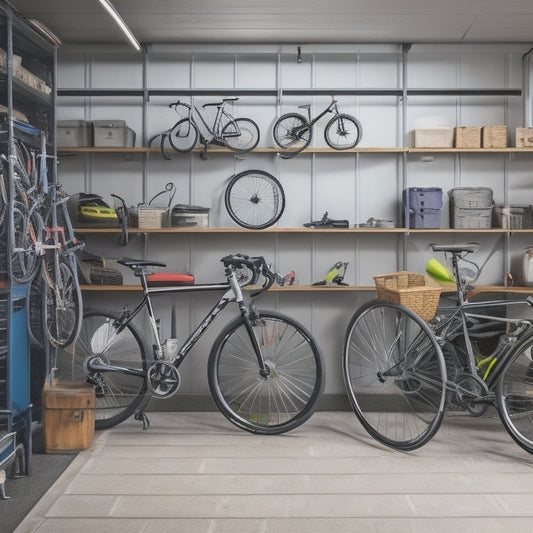 A well-organized garage with a custom shelving system, featuring multiple bicycles of various sizes and styles, with hooks for helmets and baskets, and a few cycling accessories neatly arranged nearby.