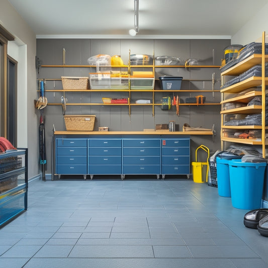 A tidy garage with a sleek, gray epoxy-coated floor, featuring a slatted wall system with neatly arranged bins, baskets, and hooks, and a few well-placed shelving units with labeled storage containers.