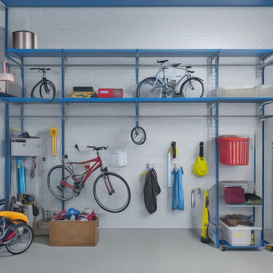 A well-organized garage with a sleek, silver pegboard adorned with hanging bikes, tools, and accessories, alongside a row of matching, labeled storage bins and a floor-to-ceiling shelving unit.