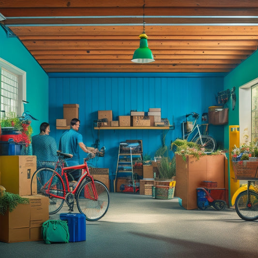 A cluttered garage interior with a bicycle, lawn mower, and boxes stacked haphazardly, a crushed ping-pong table, and a frustrated person in the background, arms raised in exasperation.