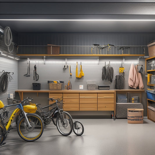 A bright, organized garage with gleaming epoxy floors, sleek metallic cabinets, and a slatwall adorned with hanging bikes, tools, and storage bins, illuminated by a large overhead LED light.