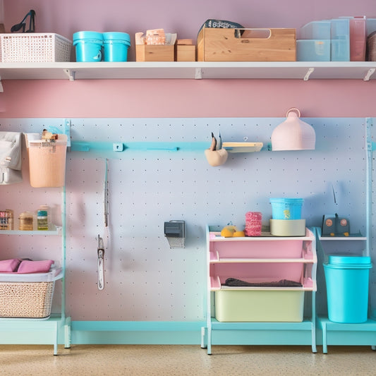 A clutter-free garage with a wall-mounted pegboard, baskets, and hooks, alongside a compact shelving unit and a labeled storage bin, all in a soft, pastel color scheme.