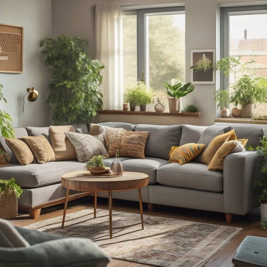A cozy, clutter-free living room with a minimalist sectional sofa, a compact coffee table, and a few thoughtfully placed potted plants, surrounded by soft, natural light.