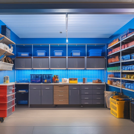 A clutter-free garage interior with sleek, wall-mounted shelving units, labeled bins, and a slatted ceiling storage system, illuminated by bright, overhead LED lighting.
