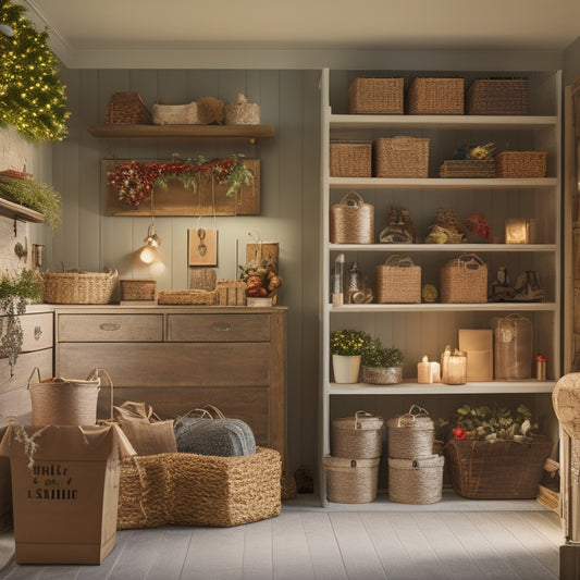 A tidy, well-organized storage room with labeled bins, stacked shelves, and a few decorative items like ornaments, garlands, and a wreath, surrounded by soft, warm lighting.