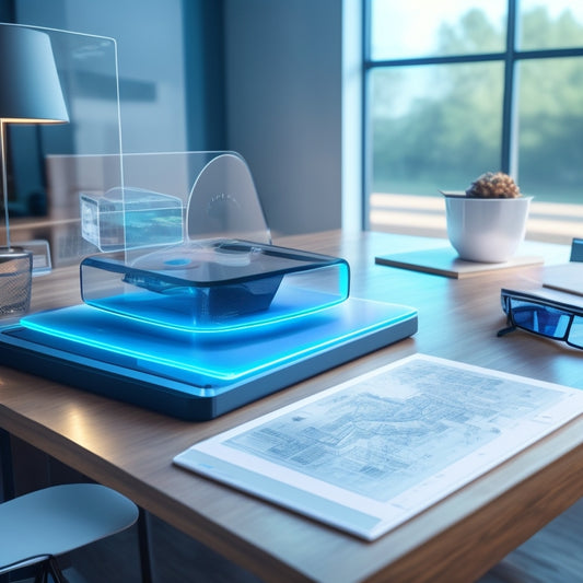 Illustrate a futuristic, sleek, and minimalist workspace with a large, transparent, holographic mind map floating above a wooden desk, surrounded by AR glasses and a tablet with ARCORE interface.