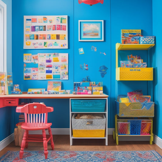 A colorful, organized playroom with a wooden desk, a kid's art easel, and a wall-mounted, multi-pocket fabric storage panel displaying various art supplies and framed kid's artwork.