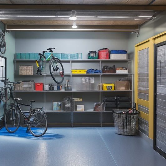 A bright, well-lit garage with a sleek epoxy floor, featuring a pegboard with neatly hung tools, a row of labeled bins on a slatwall, and a ceiling-mounted bike rack with two bicycles.