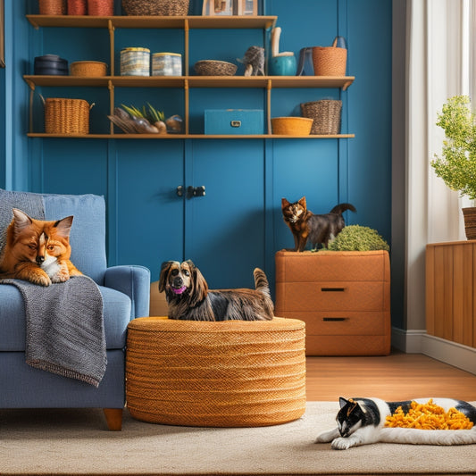 A cozy living room with a cat lounging on a sleek, modular storage ottoman, surrounded by pet toys and treats stored in woven baskets and stackable crates, with a dog's bed tucked away in a corner.