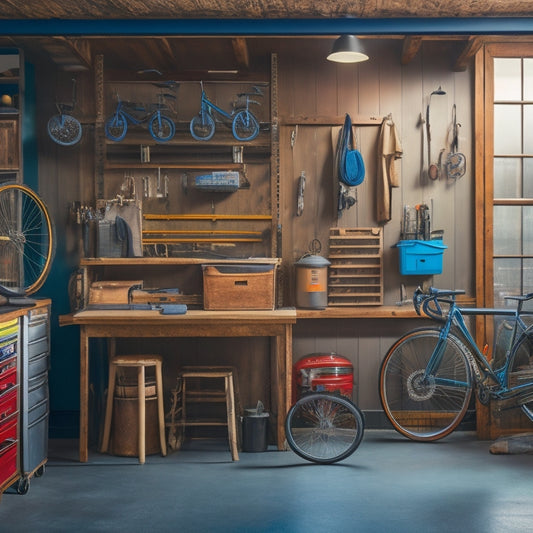 A well-organized garage with a slatwall, pegboard, and hooks, featuring a refurbished workstation, a bicycle lifted on a pulley system, and a vintage car in the background.