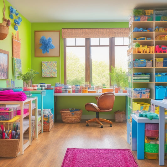 A colorful, organized craft room with labeled bins, baskets, and shelves storing seasonal decorations, art supplies, and DIY project materials, surrounded by natural light and a few potted plants.