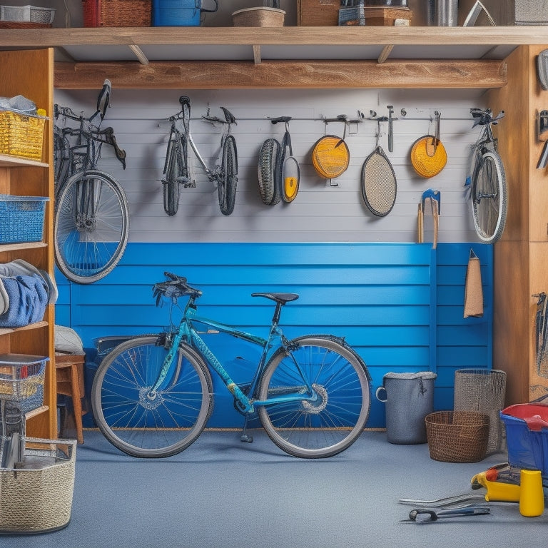 A cluttered garage with scattered tools, bikes, and storage bins, transformed into an organized space with labeled baskets, hanging bike racks, and a pegboard with neatly arranged hooks and tools.