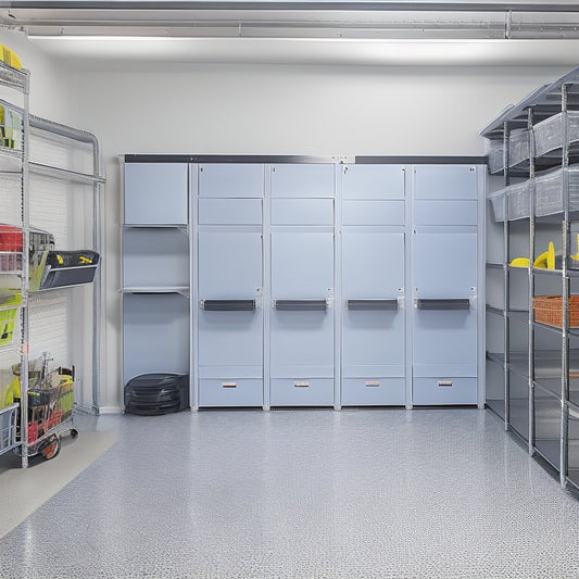 A clean and organized garage with a sleek, gray epoxy-coated floor, featuring a wall-mounted pegboard with hooks and bins, and a sturdy shelving unit with labeled storage containers.