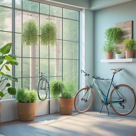 A minimalist, modern room with a sleek, wall-mounted bike rack holding two bicycles, surrounded by plants, a ladder, and a few decorative baskets, with natural light pouring in through a large window.