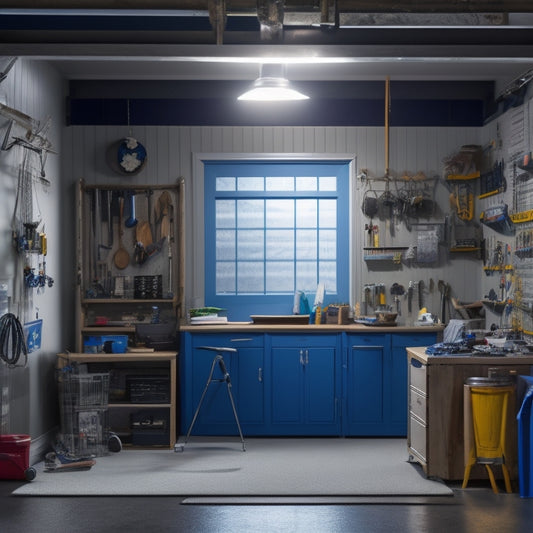 A partially open garage door with a shiny, silver opener device hanging from the ceiling, surrounded by scattered instruction manuals and tools on a cluttered workbench.