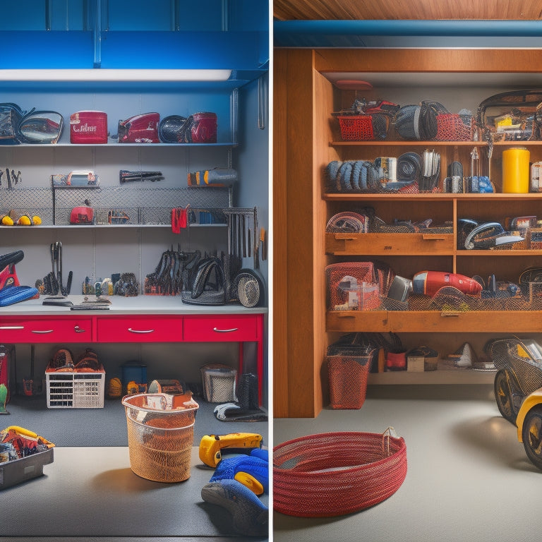 A cluttered garage with toys, tools, and sports equipment scattered everywhere, then a split-screen transformation to an organized space with labeled bins, hooks, and a sleek workbench.