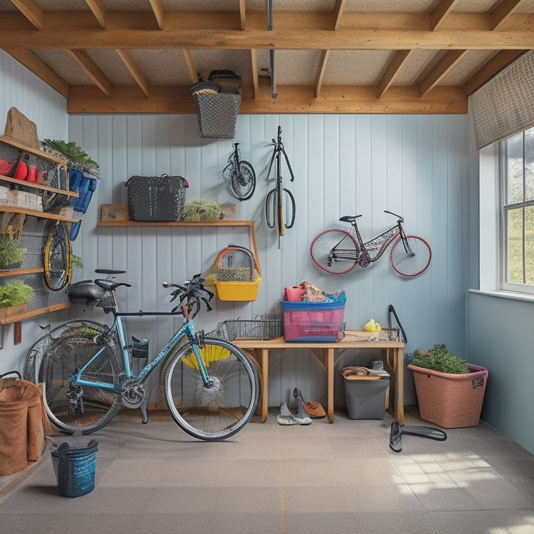 A clutter-free small garage with a slanted ceiling, featuring a wall-mounted bike rack, stacked plastic bins, and a pegboard with hooks, surrounded by a few bicycles and gardening tools.