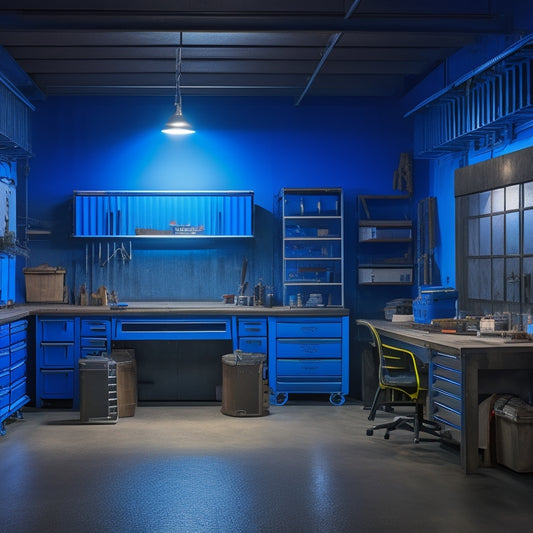A dimly lit, industrial-style workshop with a large, wooden workbench in the center, surrounded by wall-mounted 3D tool storage units with sleek, metallic drawers and glowing blue LED lights.