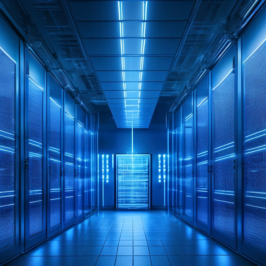 A futuristic, sleek, and modern data center with rows of humming servers, illuminated by soft blue LED lights, surrounded by transparent glass walls and a network of glowing fiber optic cables.