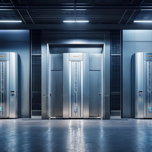 A modern, sleek, silver-gray industrial background with three large, futuristic vertical lift door models in the foreground, each with distinct design elements and LED lighting.