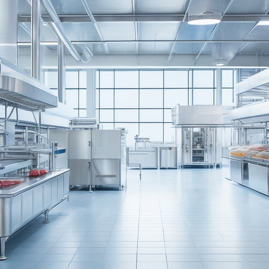 A futuristic food factory with sleek stainless steel machinery, pipes, and conveyor belts, set amidst a backdrop of gleaming white walls and floors, with optimized workflow and minimal waste.