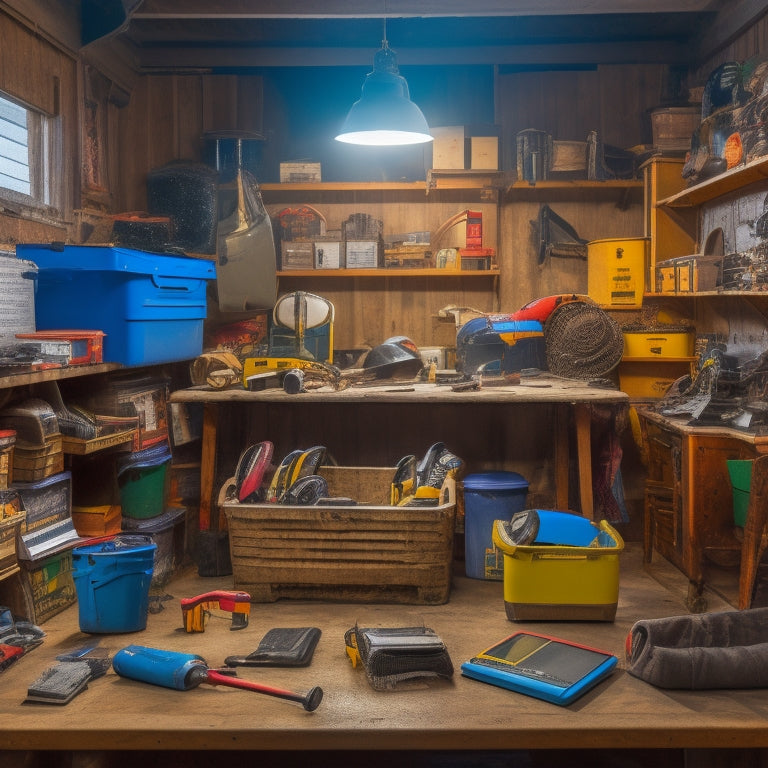 A cluttered garage with scattered tools and boxes in the background, with a clean and organized workstation in the foreground, featuring a tablet with a garage inventory app open, surrounded by neatly arranged tools and labeled bins.