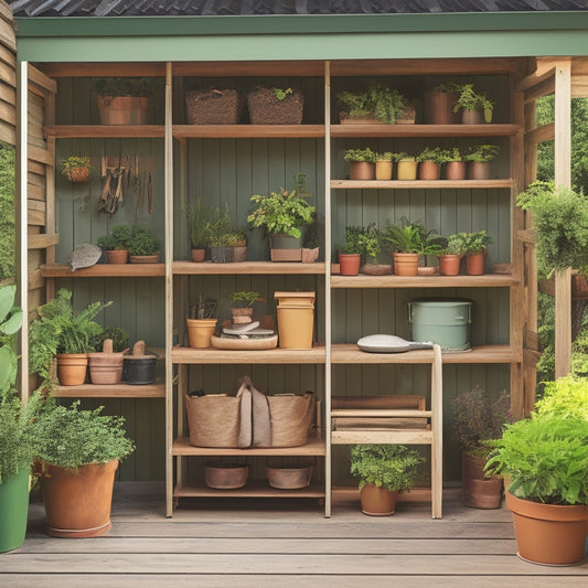 A neatly organized DIY shed with three-tiered wooden shelves, holding various tools, bins, and gardening equipment, surrounded by a lush green background with a few strategically placed potted plants.