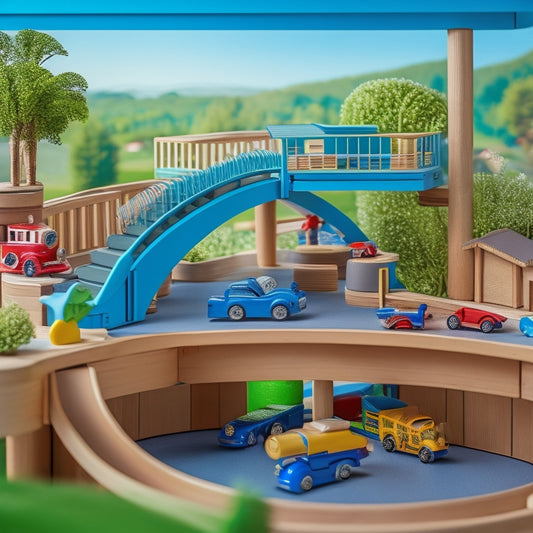 A colorful, multi-level wooden toy garage with a winding, elevated track that loops and curves, featuring various toy vehicles and figurines in motion, surrounded by lush greenery and a bright blue sky.