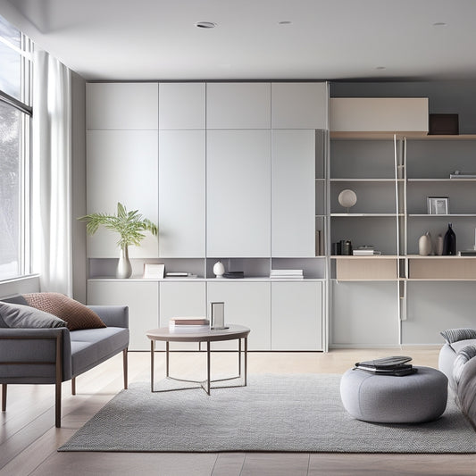 A minimalist, modern living room with a wall-mounted foldable desk, a sleek Murphy bed, and a set of compact, multi-tiered shelves, showcasing efficient use of vertical space.