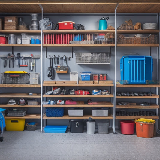 A tidy, well-lit garage with a pegboard on the back wall, holding various tools and accessories, and a slotted storage system on the adjacent wall, with labeled bins and baskets.