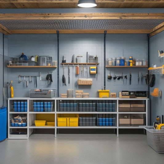 A well-organized garage with a slatwall featuring hooks, bins, and a pegboard, surrounded by a sleek workbench, a stack of labeled storage crates, and a floor-to-ceiling shelving unit.