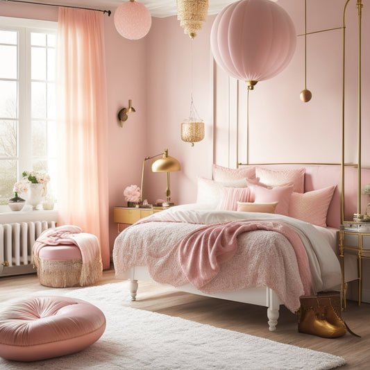 A bright, airy bedroom with a canopy bed, adorned with pastel pink and gold balloons, surrounded by framed printables, a desk with a vintage-inspired lamp, and a plush area rug in soft peach tones.